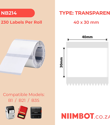 Niimbot NB214 Label Roll - 40X30mm (Transparent) | B1 / B21 / B3S  Suitable Niimbot